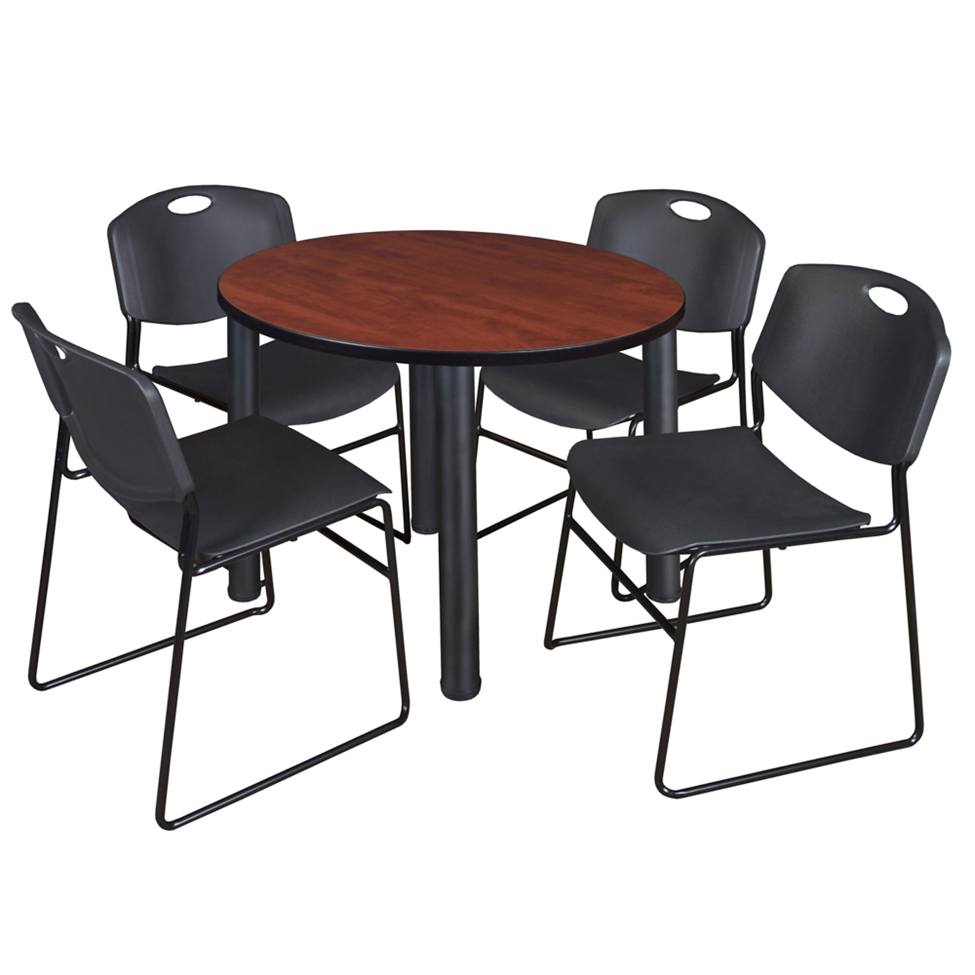 Regency Kee Round Breakroom Table Set — 36in. Cherry/Maple Top, Black Legs, 4 Black Zeng Stack Chairs, Model# TB36RNDCHBPBK44BK